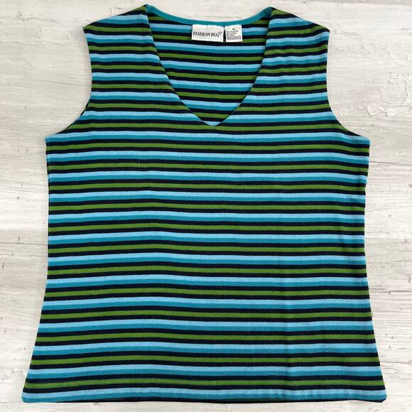 Fashion Bug Striped Blue Green Black Y2K Sleeveless V-Neck Shirt Medium - Picture 1 of 6